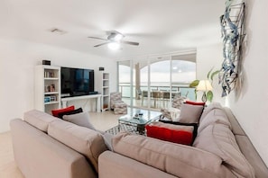 The living room area has gorgeous ocean views.
