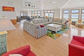 Uninterrupted ocean views from every angle define the top floor, where a wall of windows provides a mesmerizing backdrop throughout the expansive great room.