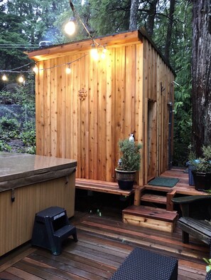 Your private decks, hot tub and sauna and outdoor shower