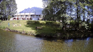 Drone Photo: Moon River Suites Building Rear with Back Yard and South Fork Snoqualmie River