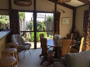 Dining table and servery seating. 