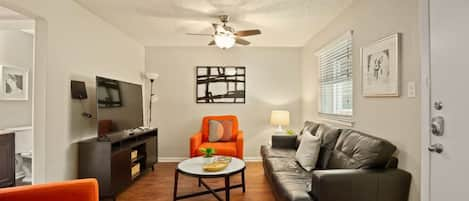 Living room with sleeper sofa and smart TV