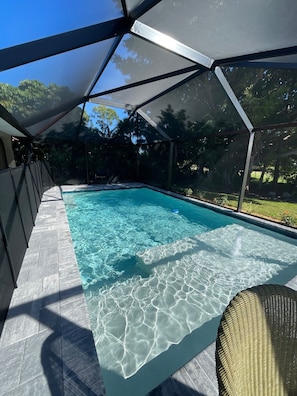 Sun deck fabulous fountain and large screened lanai. Child gate by request.