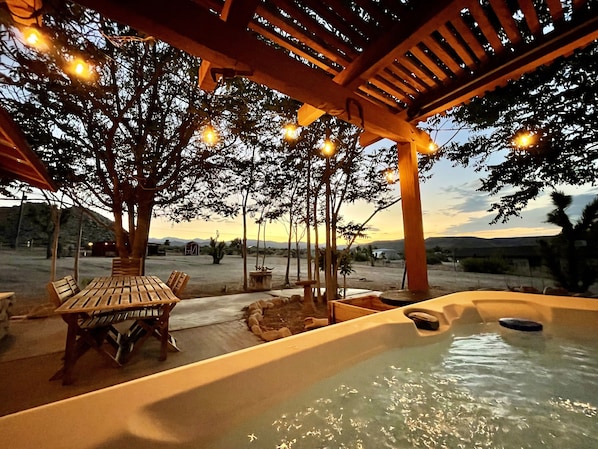 Our fave mood is a sunset view of the Star Barn from new hot tub, Dolly. 