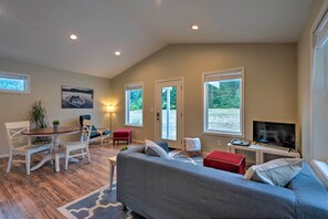 High ceilings and windows create a bright space.