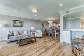 Family room with built in work space.