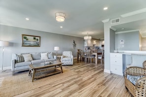 Family room with built in work space.