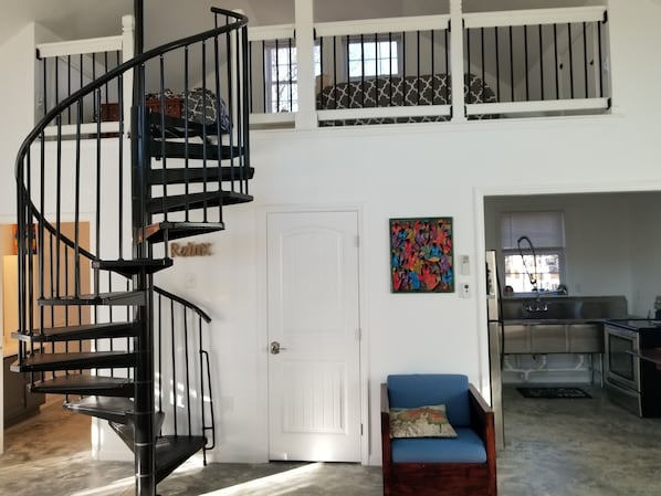 spiral stairs to sleeping area