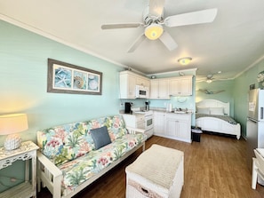 300 sqft studio unit with full size futons.