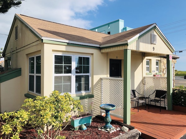 Front view of cottage with private deck area for your morning coffee.  