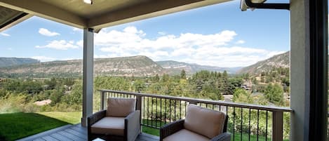 Durango, Colorado vacation rental home. Outdoor seating area on deck (Deck was extended in late 2023) -