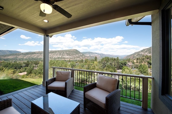 Durango, Colorado vacation rental home. Outdoor seating area on deck (Deck was extended in late 2023) -
