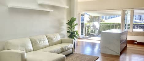 Bright living room. 
Leather couch also opens out as a double bed