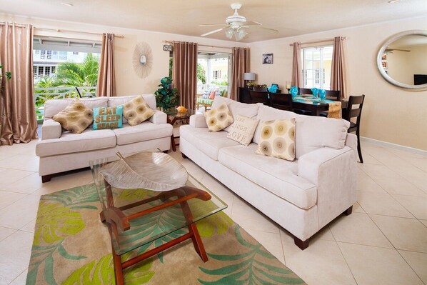 The comfortable living area includes a cable TV