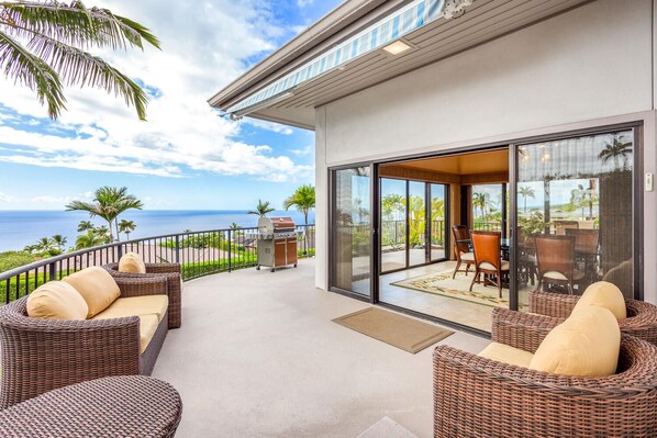 From the guest room, the lanai offers seating outside the dining area with more breathtaking views.