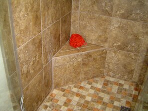 Master shower features a grab bar and a small sitting area.