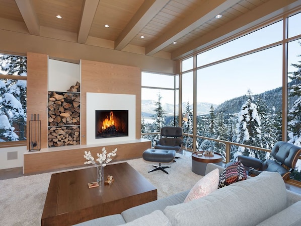 Living room with wood burning fireplace