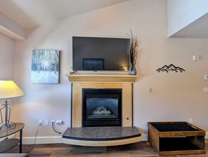 Large flat screen and a gas fireplace perfect for a snowy day in