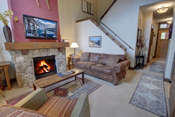 Living room with cozy fireplace