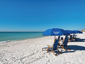 Chairs and Umbrellas available to rent on the beach Seasonally