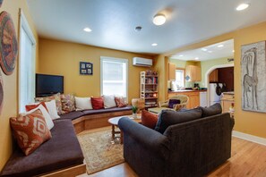 Open and inviting living room games and books