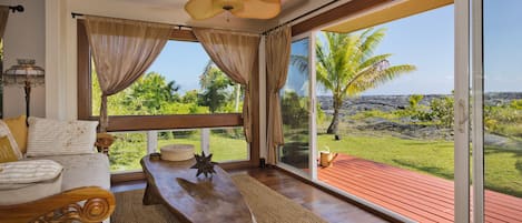 14' glass doors that open to the lanai overlooking the lava and ocean beyond!