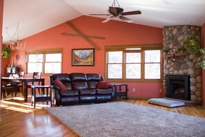 Living room with gas fireplace. 