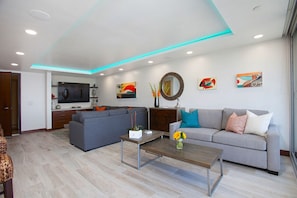 Living Area. Small sofa turns into a Queen bed
