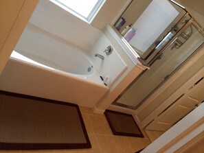 Master bath with walk in shower and garden bathtub