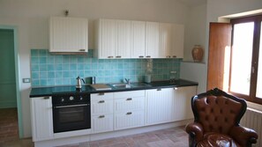 the spacious and bright kitchen with induction hob, dishwasher, refrigerator 