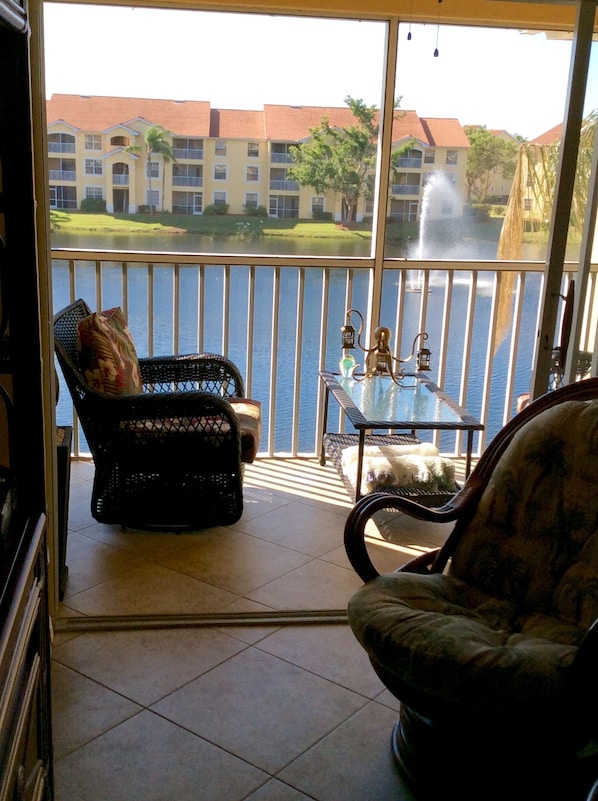 View of the lanai through the living room's 3 panel patio doors