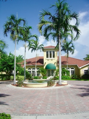 Clubhouse and front entrance to the gated community