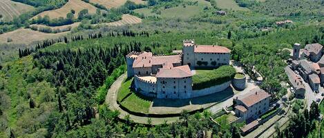 Castello di Montegiove and La Casetta seen from above.