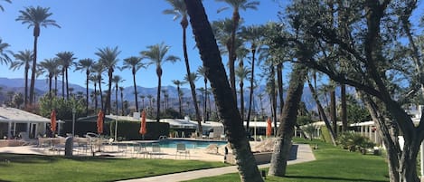 View from patio. Common area with pool and jacuzzi. 