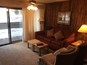 Living room. Red couch is a pullout that can sleep two