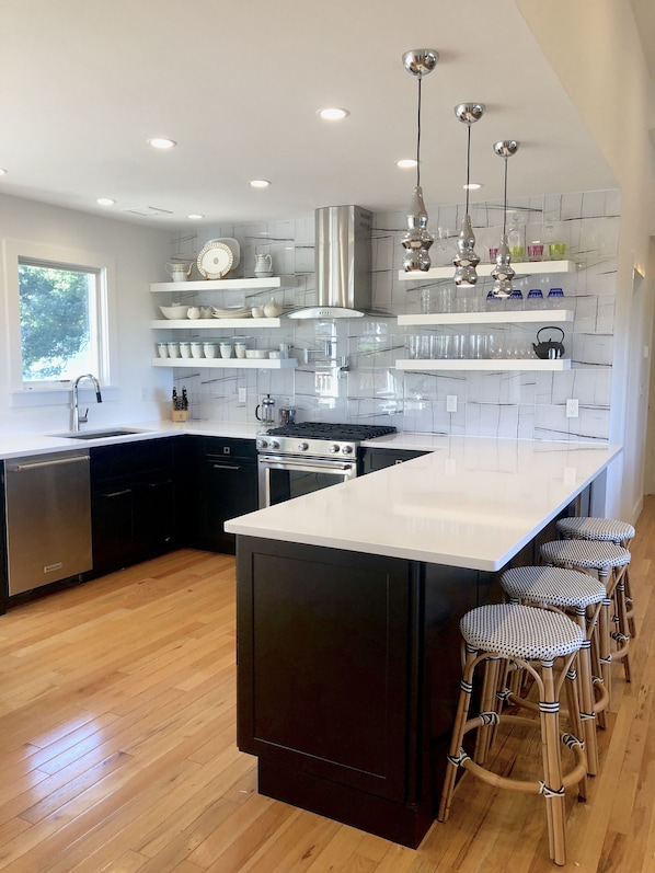 Open Floor Plan Eat in Kitchen with Glass door to Backyard and Artists Studio