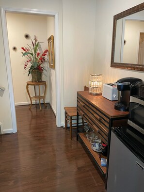 Kitchenette. Mini fridge, microwave and keurig. 