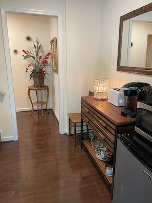 Kitchenette. Mini fridge, microwave and keurig.