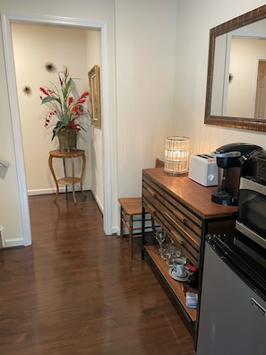 Kitchenette. Mini fridge, microwave and keurig. 