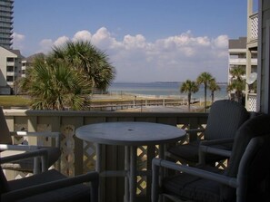 View from private balcony and bar height table and chairs