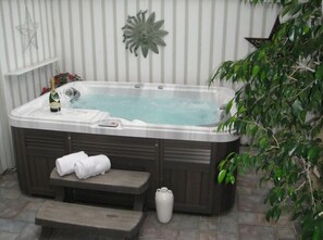 Jacuzzi on secluded back patio with an outdoor shower. Wonderful relief!!!