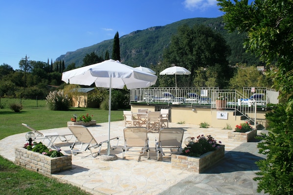 The view from the patio area and pool