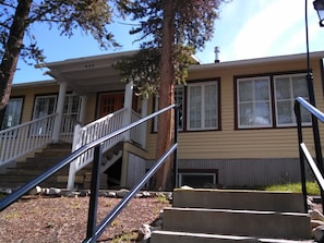 Wonderful front porch with a view of the Breck ski area and the mountains