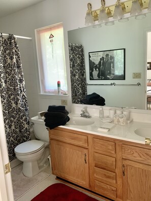 Main bath, double sinks, jacuzzi tub