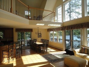 Spacious great room with spectacular lake views on two sides