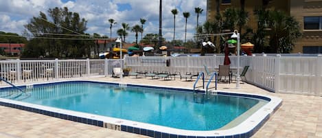 Heated Pool.  Kayak storage close to bay.