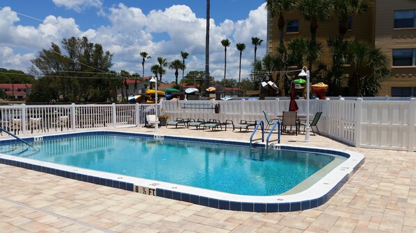 Heated Pool.  Kayak storage close to bay.