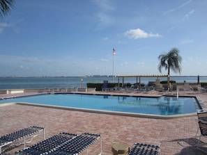 Large Pool w/ Water views. Great for swimming laps, and the hot tub is nearby.