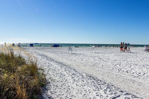 Jamaica Royale's private beach strip on Siesta Key.  Enjoy the Florida sunshine & fabulous sunsets!