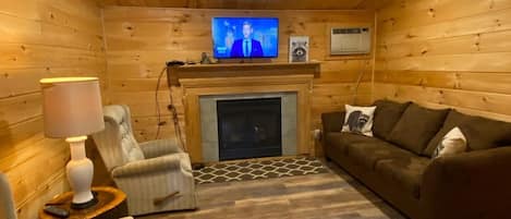 Living room with gas fireplace and cable tv